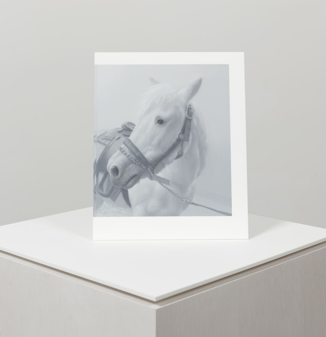 grayscale painting of a horse sitting atop a pedestal