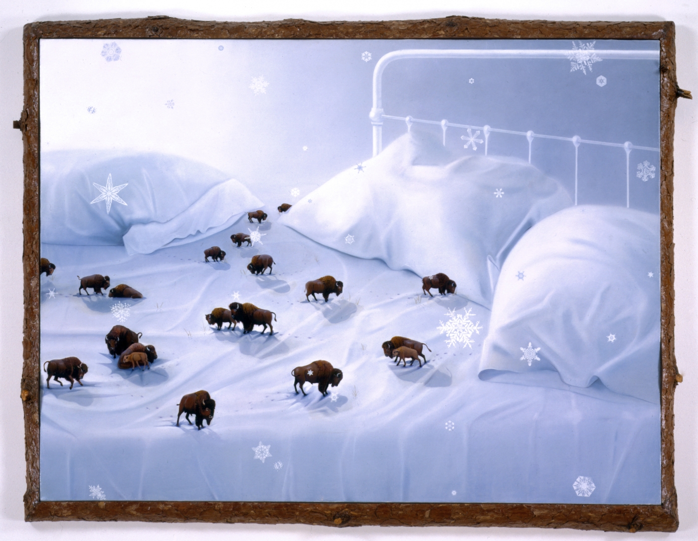 painting of an unmade bed with a herd of miniature buffalo roaming