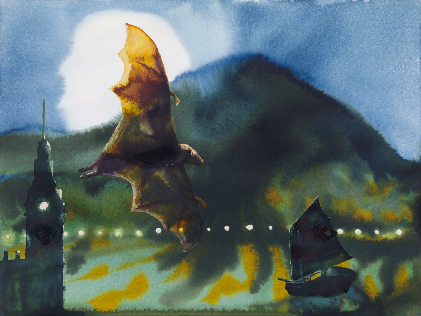 watercolor of a bat flying at night with the moon and a mountain in the background and a boat and tower in the foreground
