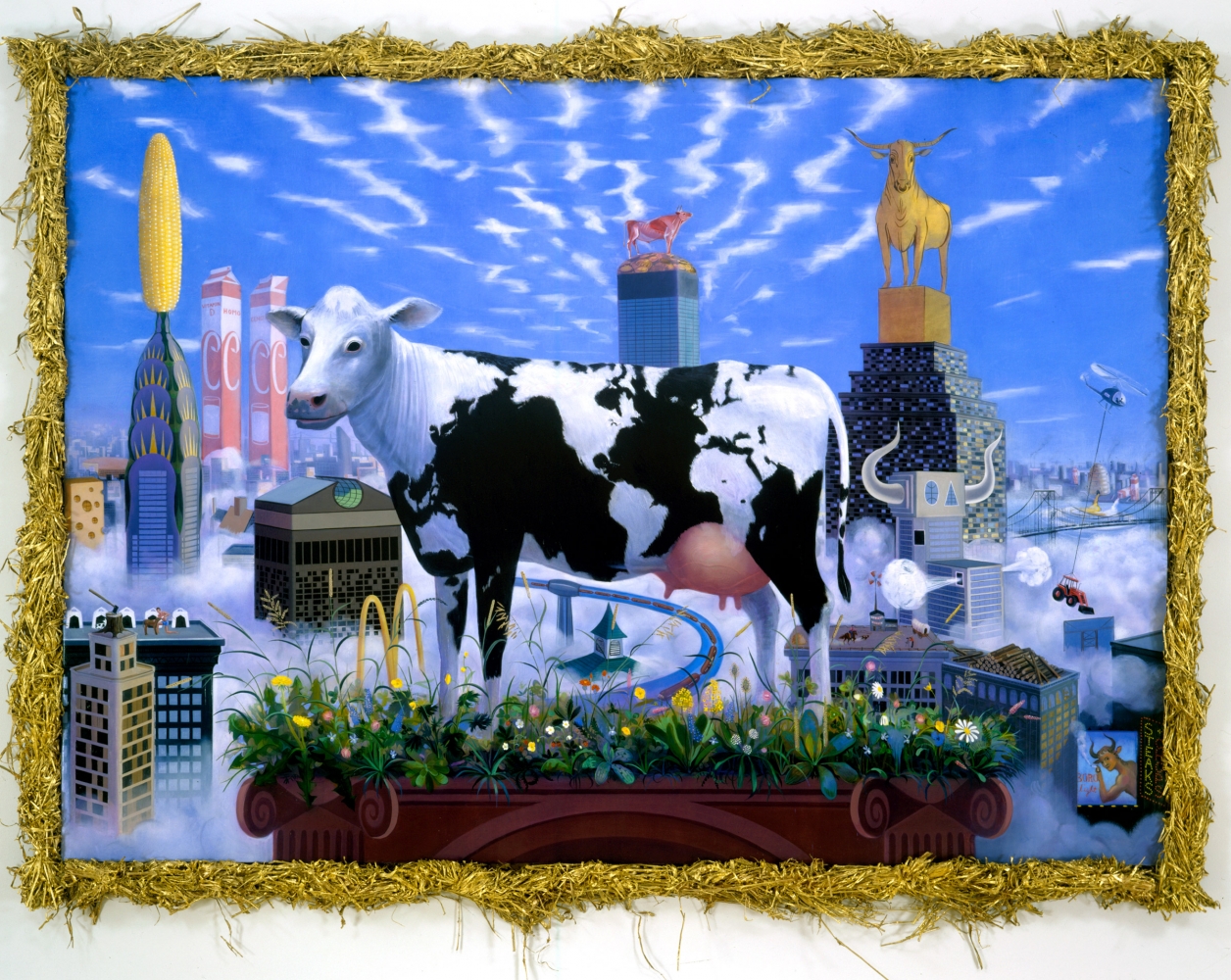 Frank Moore
Cow, 1996
oil and gold leaf on canvas over featherboard panel with gilt hay on aluminum frame
69 x 96 1/4 inches (175,3 x 244,5 cm) canvas
77 x 104 1/4 inches (195,6 x 264,8 cm,) overall
SW 96482
Private Collection
