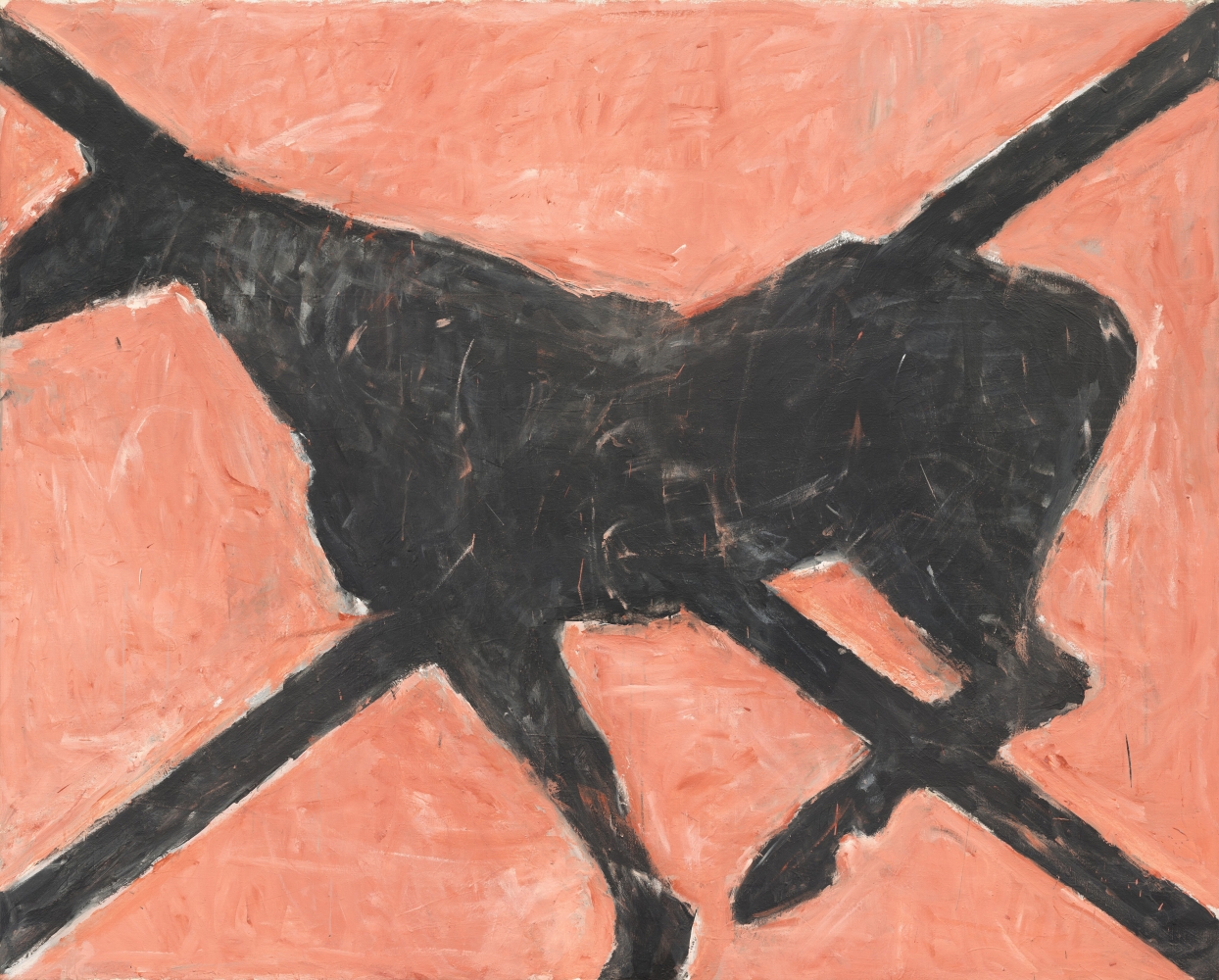 silhouette of a horse in motion against a burnt sienna background with intersecting black diagonals