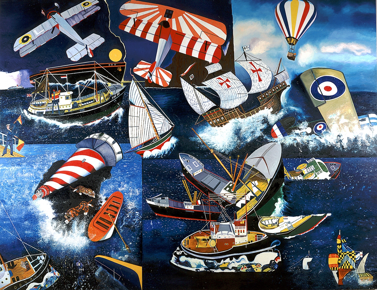 painting of collaged imagery of the sea, including ships, boats, biplanes and a lighthouse