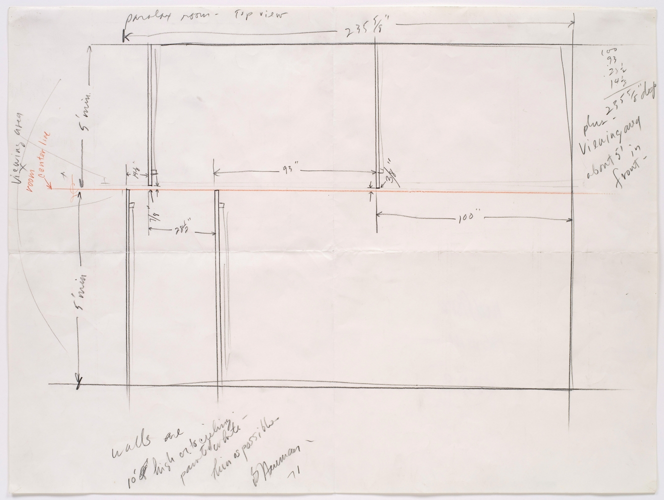 graphite and colored pencil drawing of an installation plan with handwritten notes by the artist