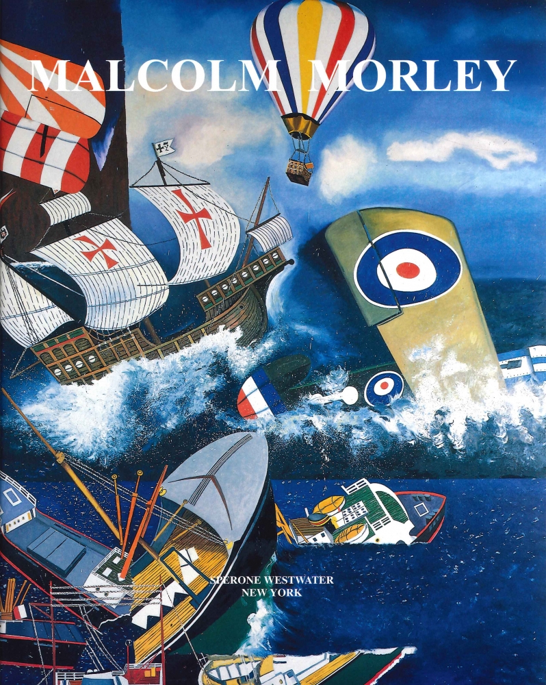 book cover illustrating disjointed details of cargo ships, a galleon, biplanes and a hot air balloon in the ocean