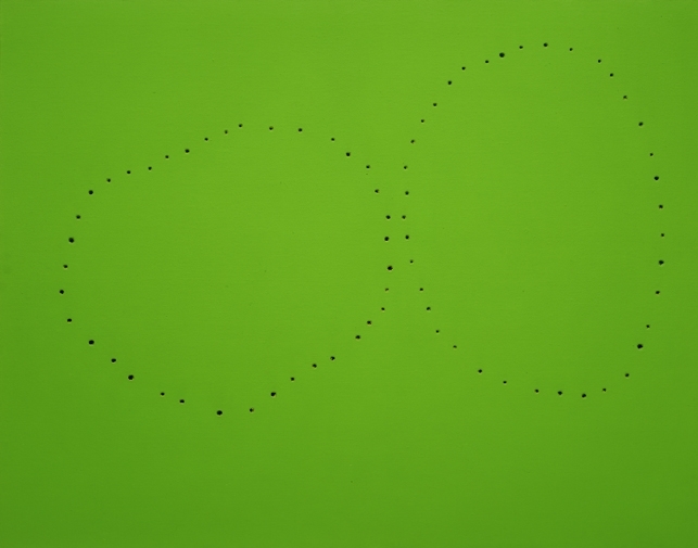 bright green canvas with perforations forming two irregular circles