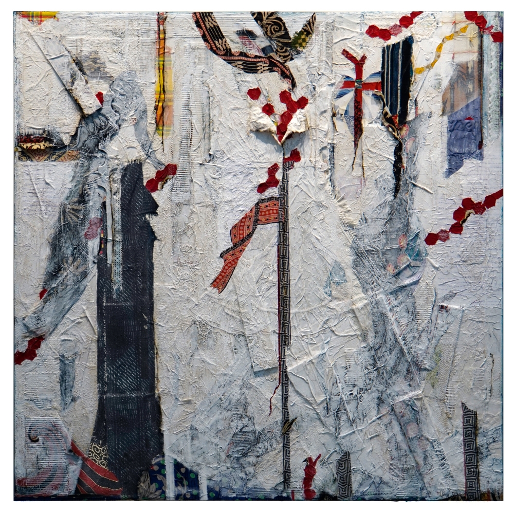 painted canvas collaged with strips of lace, shirting fabric and printed textiles