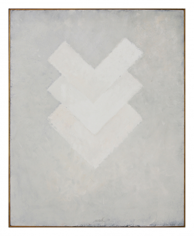 monochromatic white painting with three stacked v-shapes