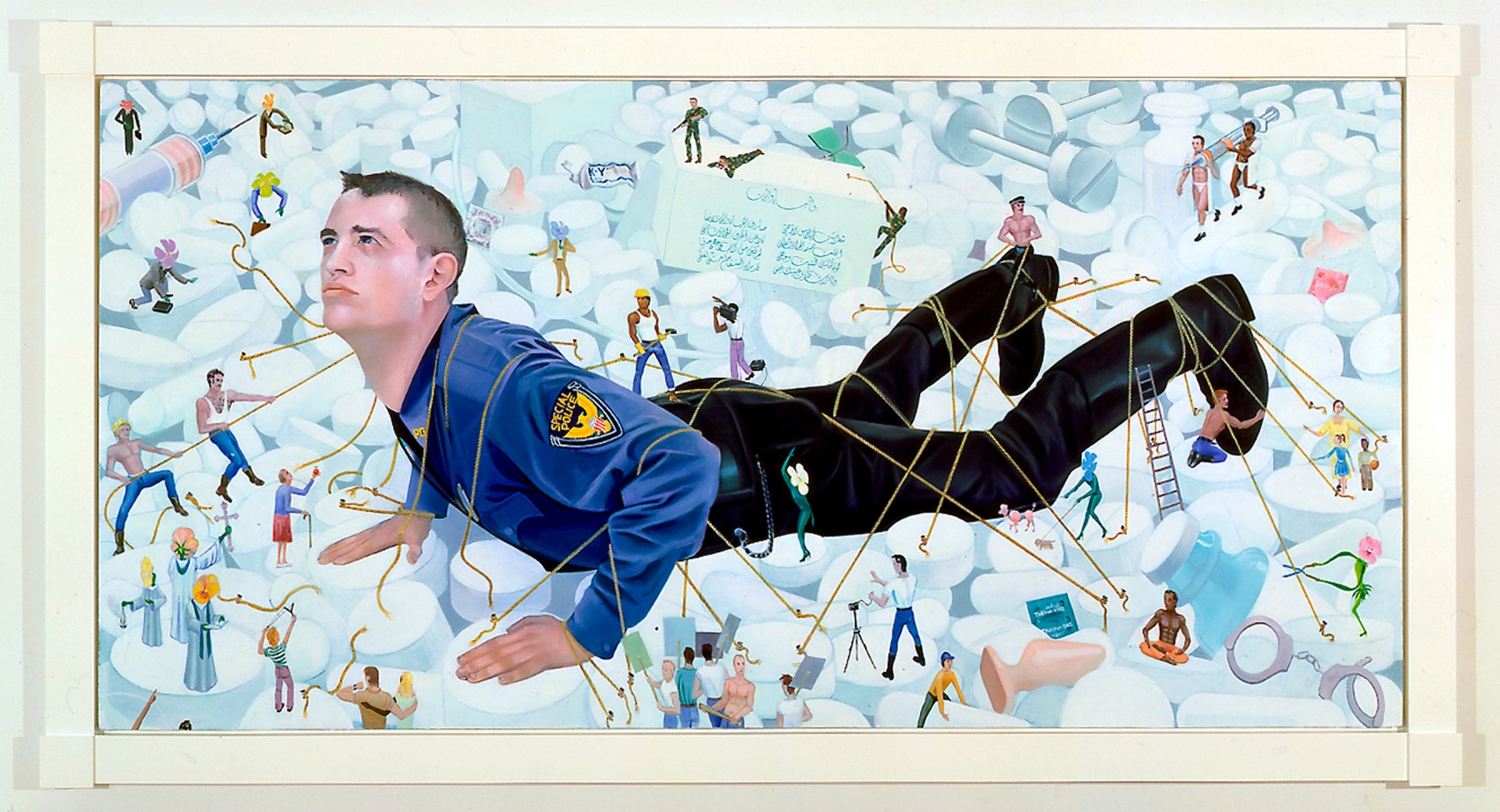 Frank Moore
Gulliver Awake, 1994-95
oil on canvas on panel with enamel frame
40 1/8 x 74 inches (101,9 x 188 cm)
SW 95093
Private Collection