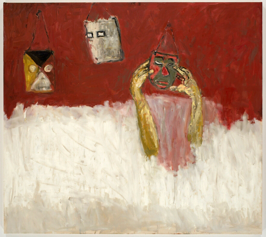 painting of three masks hanging from a red wall with two disembodied yellow hands emerging from a white ground to touch one of them