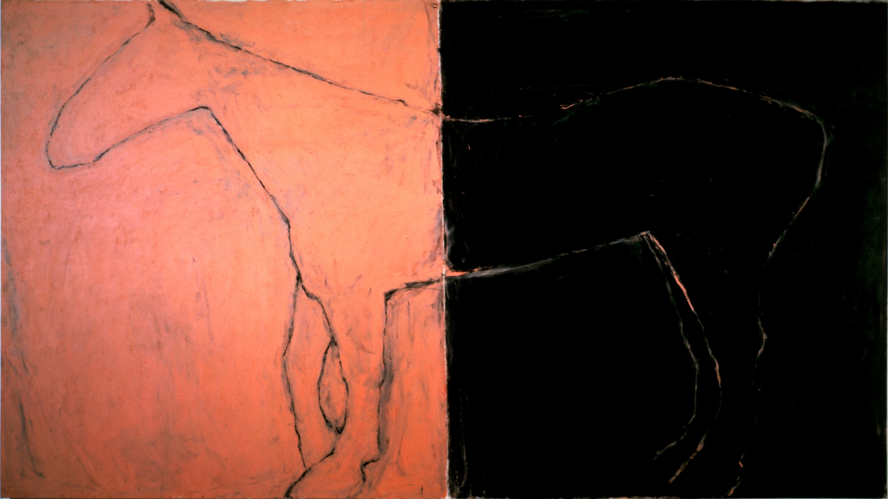 profile view of the outline of a horse on a two-tone canvas of sienna and black