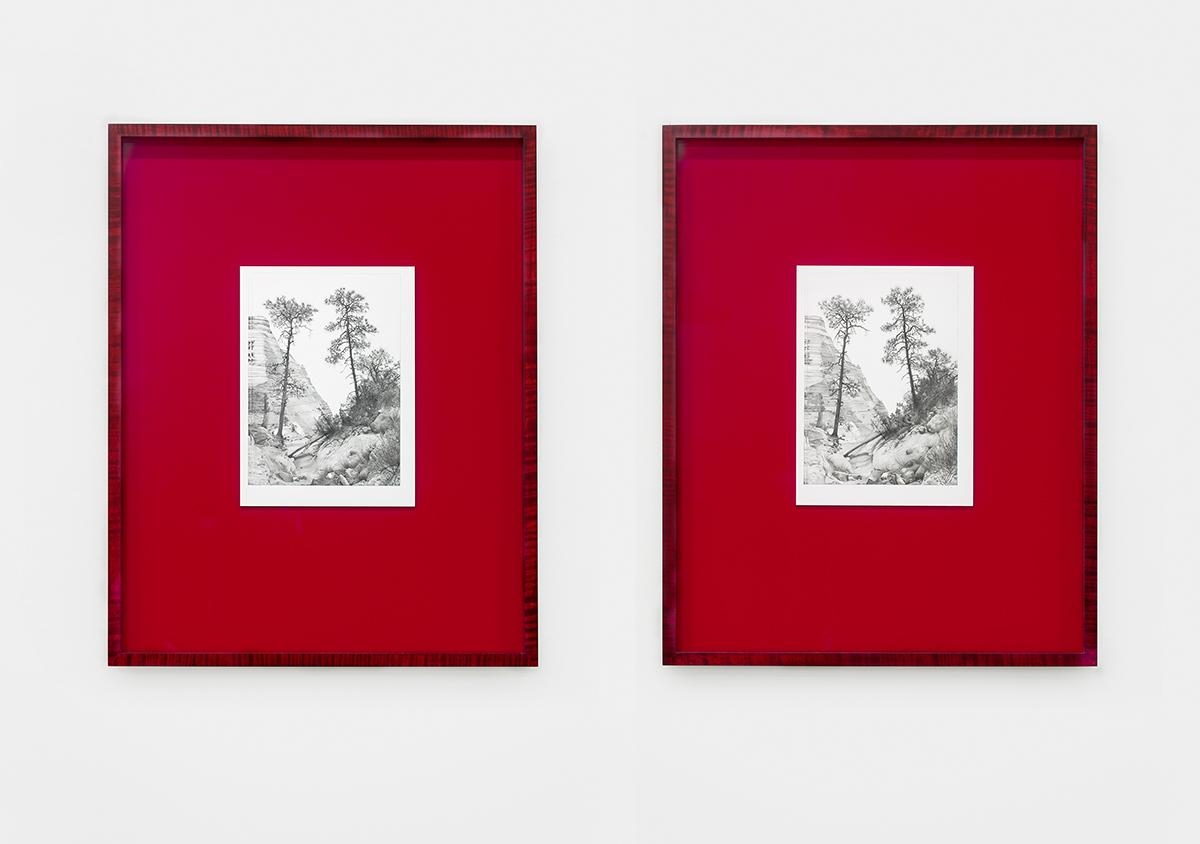 Andrew Sendor
Saturday&amp;#39;s hallucinations on December 4 at 11:58 a.m. and 11:59 a.m., 2018-2019
graphite on paper mounted to red opaque plexiglas in tiger maple frame
diptych; 9 x 6 3/4 (22,8 x 17,1 cm) each
20 3/4 x 16 1/2 x 1 1/2 inches (52,7 x 41,9 x 3,8 cm) each frame
SW 19329