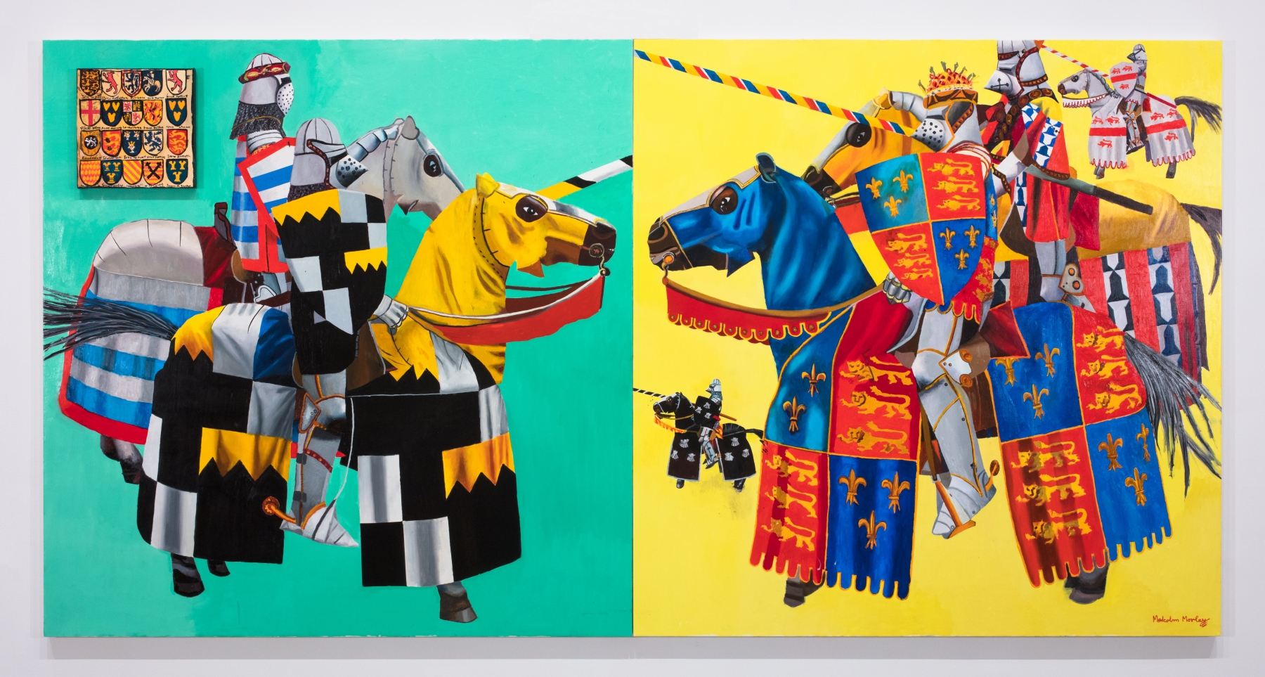 diptych of knights on horseback against teal and yellow backgrounds
