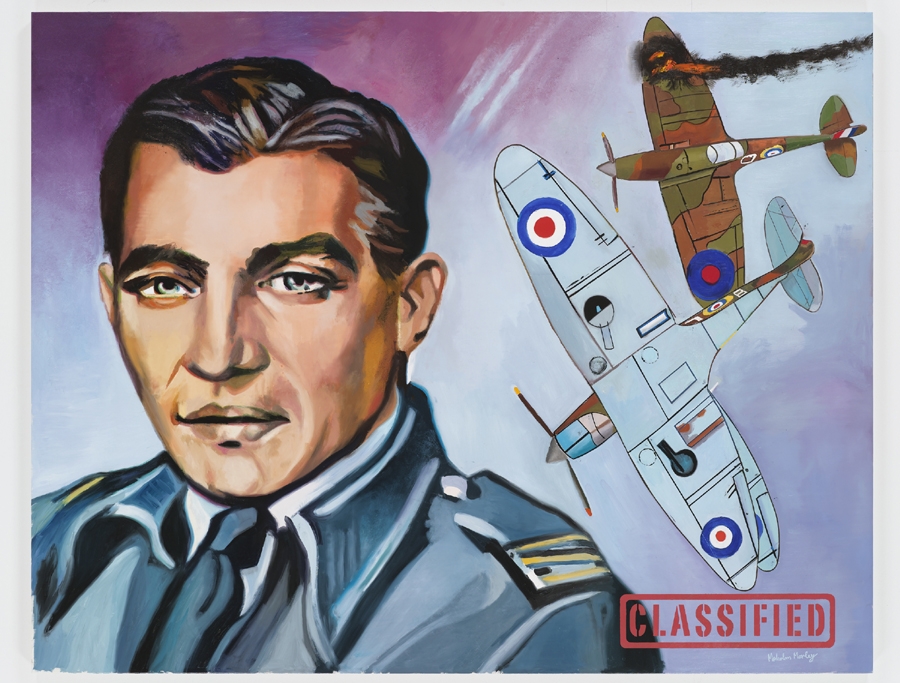 portrait of an English fighter pilot with two biplanes in the background to the right side of the canvas