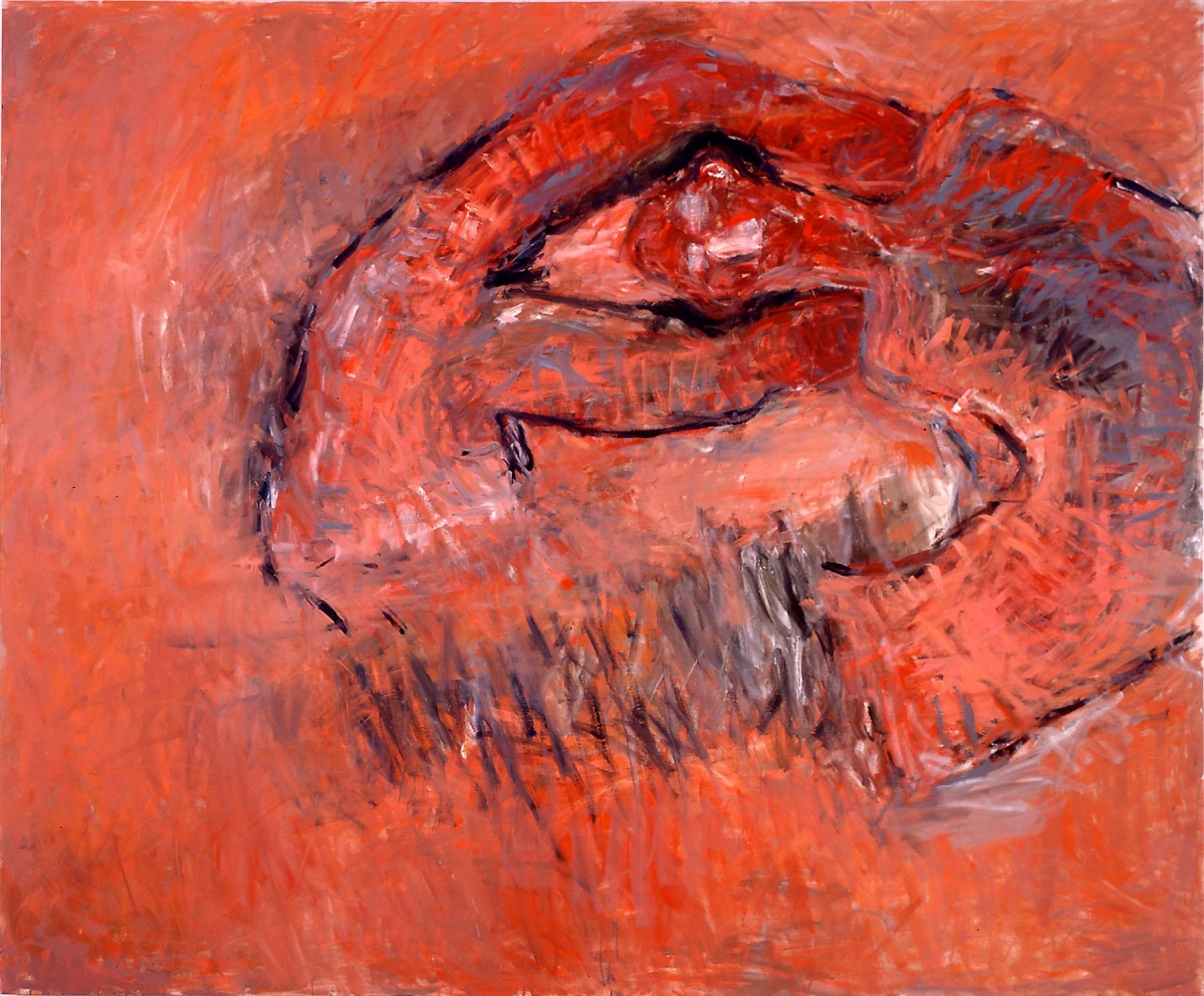 red-orange painting of an abstracted human figure contorted into a donut shape