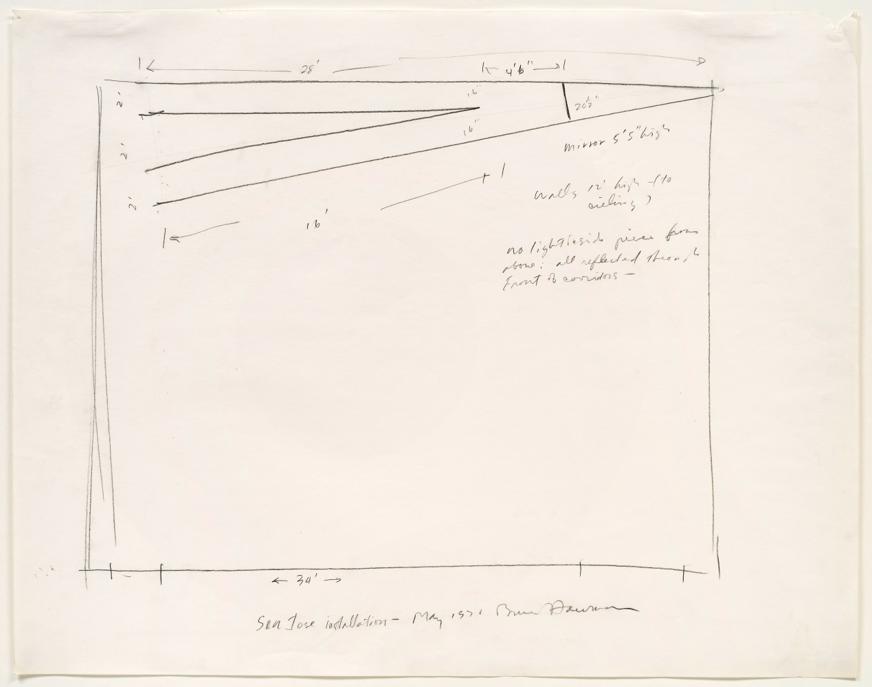 pencil drawing on paper of an installation plan with handwritten notes by the artist