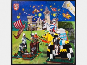 colorful medieval jousting scene
