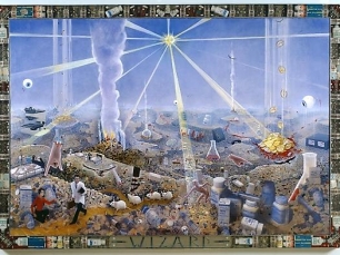 apocalyptic landscape with pill bottles, chemistry sets, and doctors across the landscape