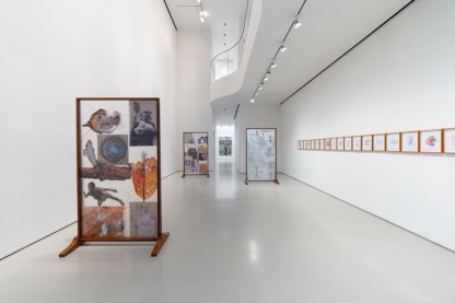 gallery installation view with large freestanding lenticular sculptures and wall-mounted and framed works on paper
