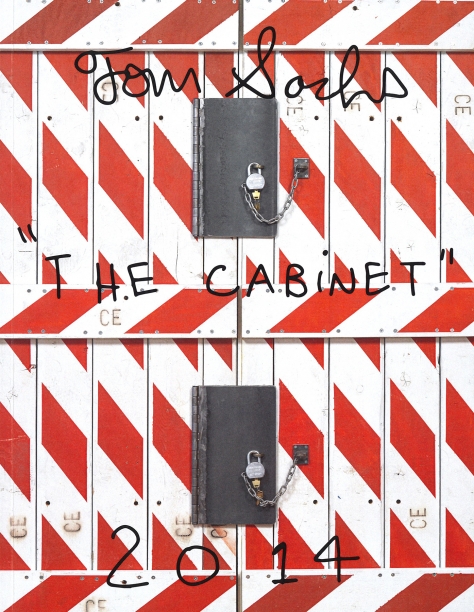 book cover illustrated by a detail of a Tom Sachs cabinet made of assembled red and white ConEdison barriers