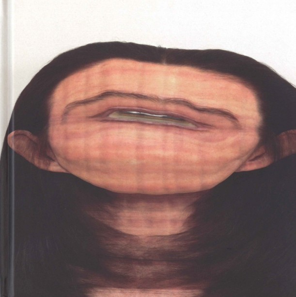book cover illustrated with a photo of a woman's head that has been distorted so that she has one large eye and a unibrow but no nose or mouth