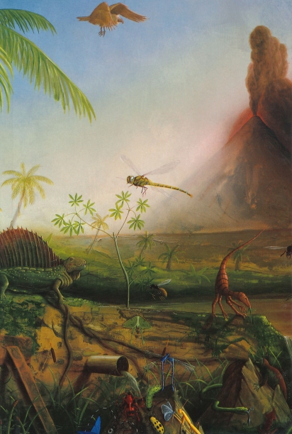 book cover illustrated with a painting of a prehistoric landscape with a insects and a lizard in the foreground and an exploding volcano in the background