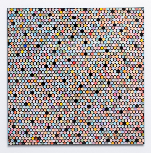 painting of small colorful circles with black circles scattered throughout