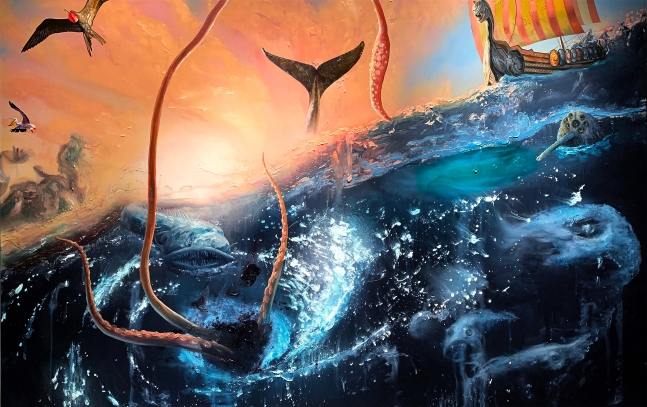 a kraken's tentacles and a whale tail emerge from a turbulent sea and birds fly overhead as a viking ship approaches