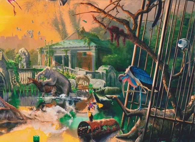 book cover illustrated with a painting of the Bronx Zoo overgrown with vegetation and animals free from their cages