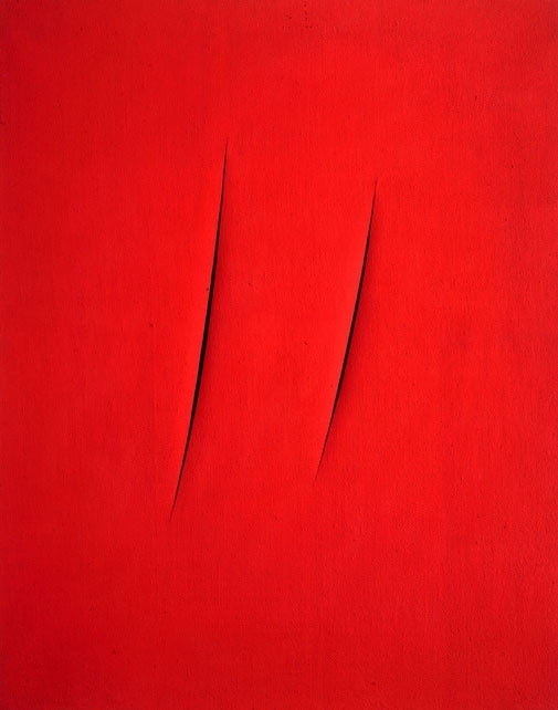 red canvas with two angled vertical slashes in the center