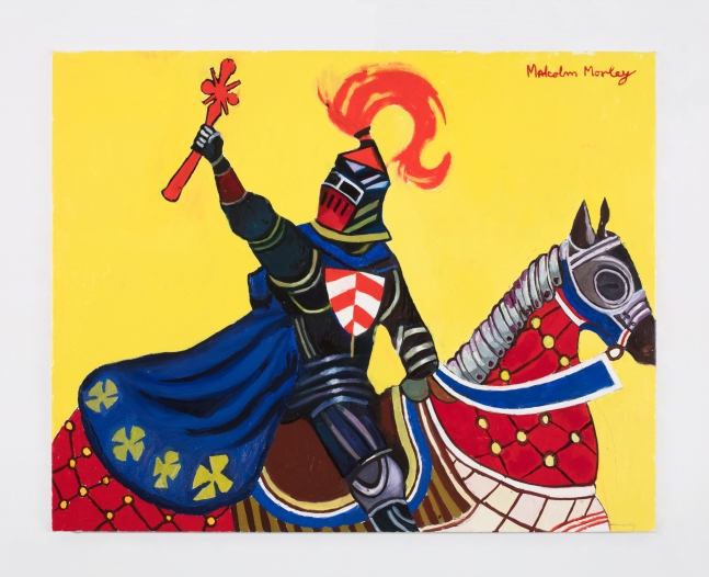 close-up painting of a knight on horseback with his arm raised against a bright yellow background
