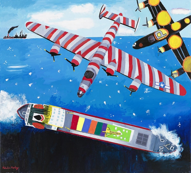 Malcolm Morley
Freighter with Primary Colors and B2 Bombers, 2013
oil on linen
36 1/4 x 40 inches (92 x 101,5 cm)
38 3/4 x 42 x 2 1/2 inches (98 x 106 x 6 cm) frame
SW 15094