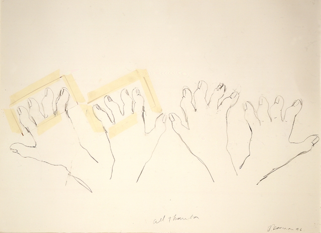 Bruce Nauman
All Thumbs, 1996
graphite and masking tape on paper
22 1/4 x 30 1/8 inches (56,5 x 76,5 cm)
24 1/4 x 32 inches (61,6 x 81,3 cm) frame
SW 96333
Private Collection