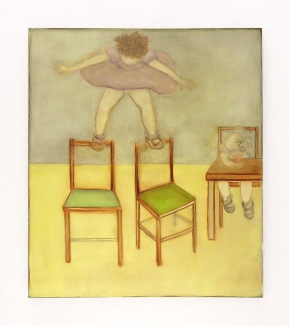 a girl in a dress balances on the top edge of two chairs while another girl sits at a table