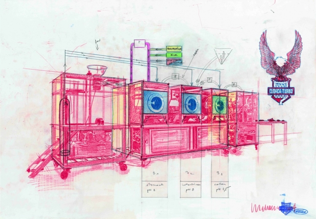 schematic drawing of a cloaca machine in pink, blue, green and yellow