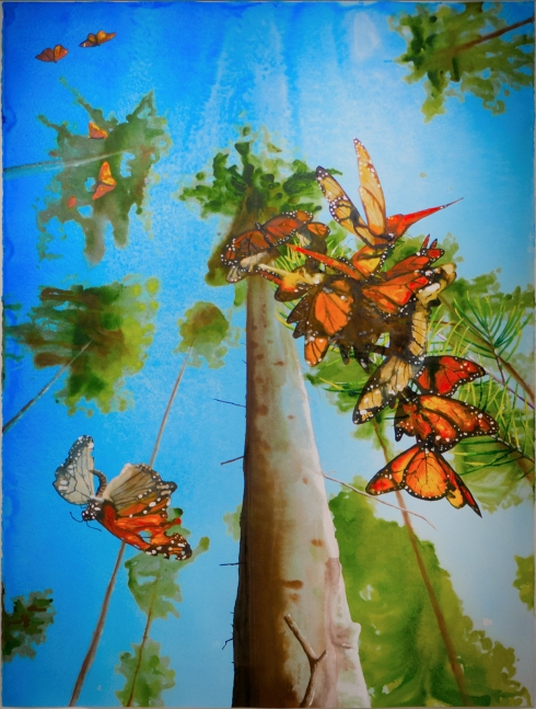 colorful watercolor of monarch butterflies flying around a tall tree in the forest