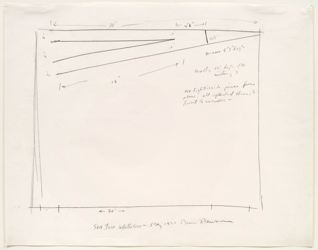 pencil drawing on paper of an installation plan with handwritten notes by the artist