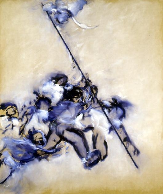 blue and white composition with a group of girls erecting a flagpole