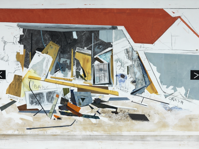 abstracted painting of a damaged house after a crash