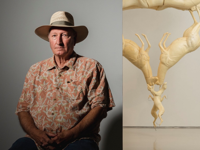 side by side photos of a portrait of Bruce Nauman and a large hanging sculpture composed of taxidermy forms of deer, caribou and foxes