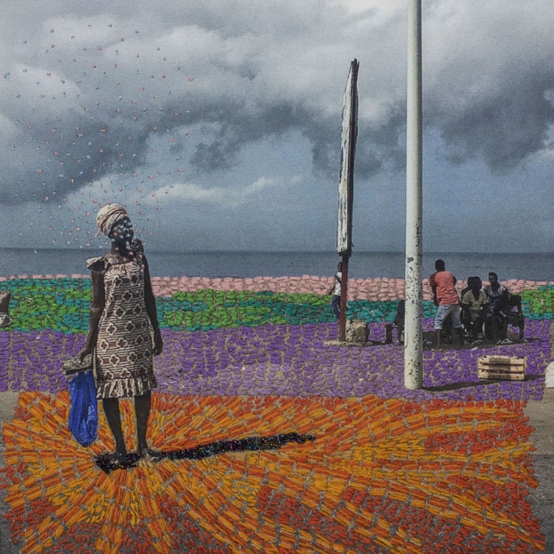 colorfully embroidered photograph of a woman standing near the sea on a gloomy day with a group of people seated nearby