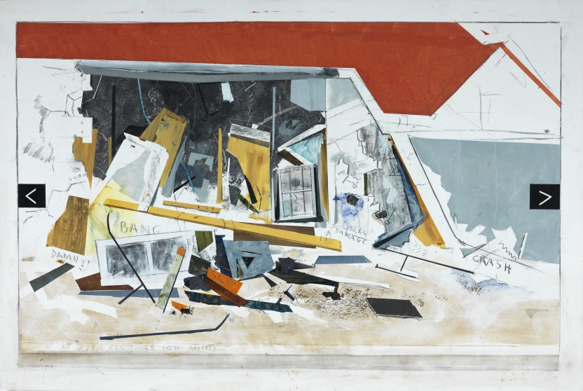 abstracted painting of a damaged house after a crash