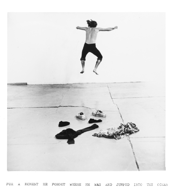photograph of a shirtless man jumping with the text "for a moment he forgot where he was and jumped into the ocean"