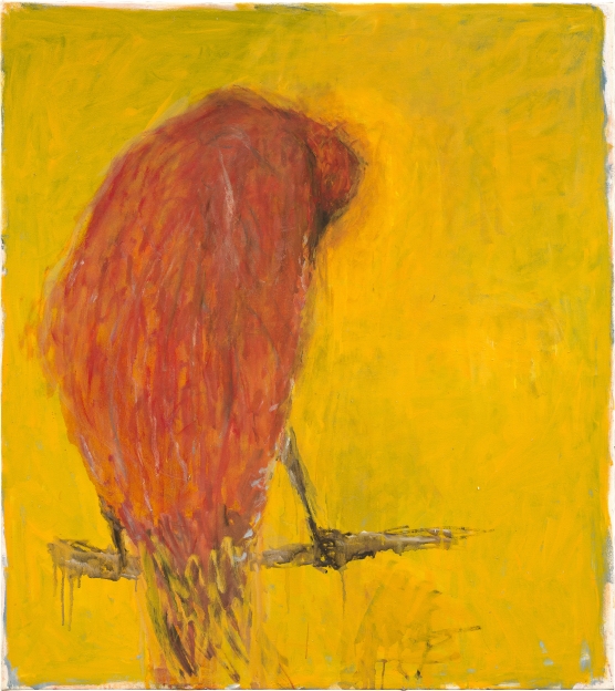 painting of a red bird from behind standing on a branch in front of a bright yellow background